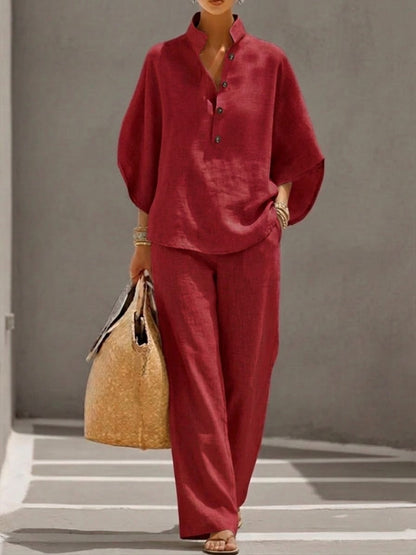 Kinsley™ Conjunto de Algodón y Lino con Mangas Murciélago y Pantalón Ancho