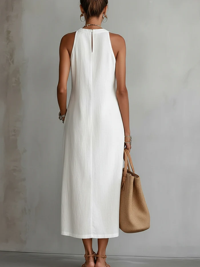 Sovelle™ Vestido Midi de Lino con Cuello Mao y Estilo Natural