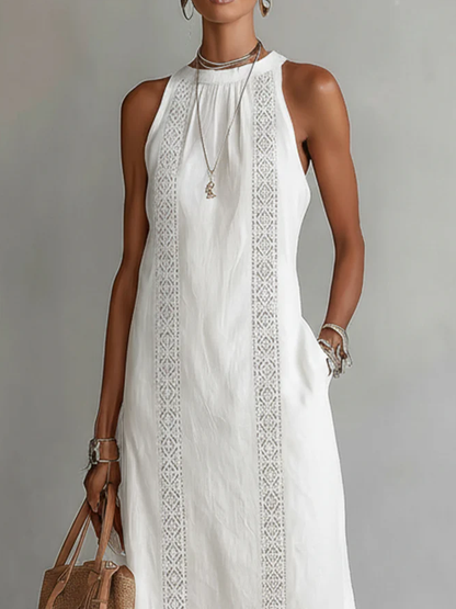 Sovelle™ Vestido Midi de Lino con Cuello Mao y Estilo Natural
