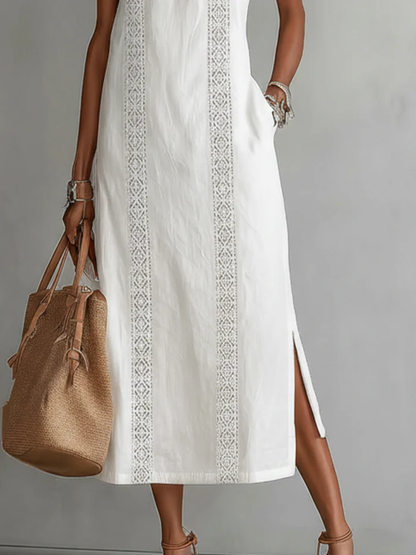 Sovelle™ Vestido Midi de Lino con Cuello Mao y Estilo Natural
