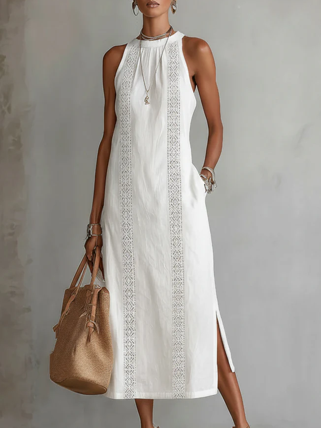 Sovelle™ Vestido Midi de Lino con Cuello Mao y Estilo Natural