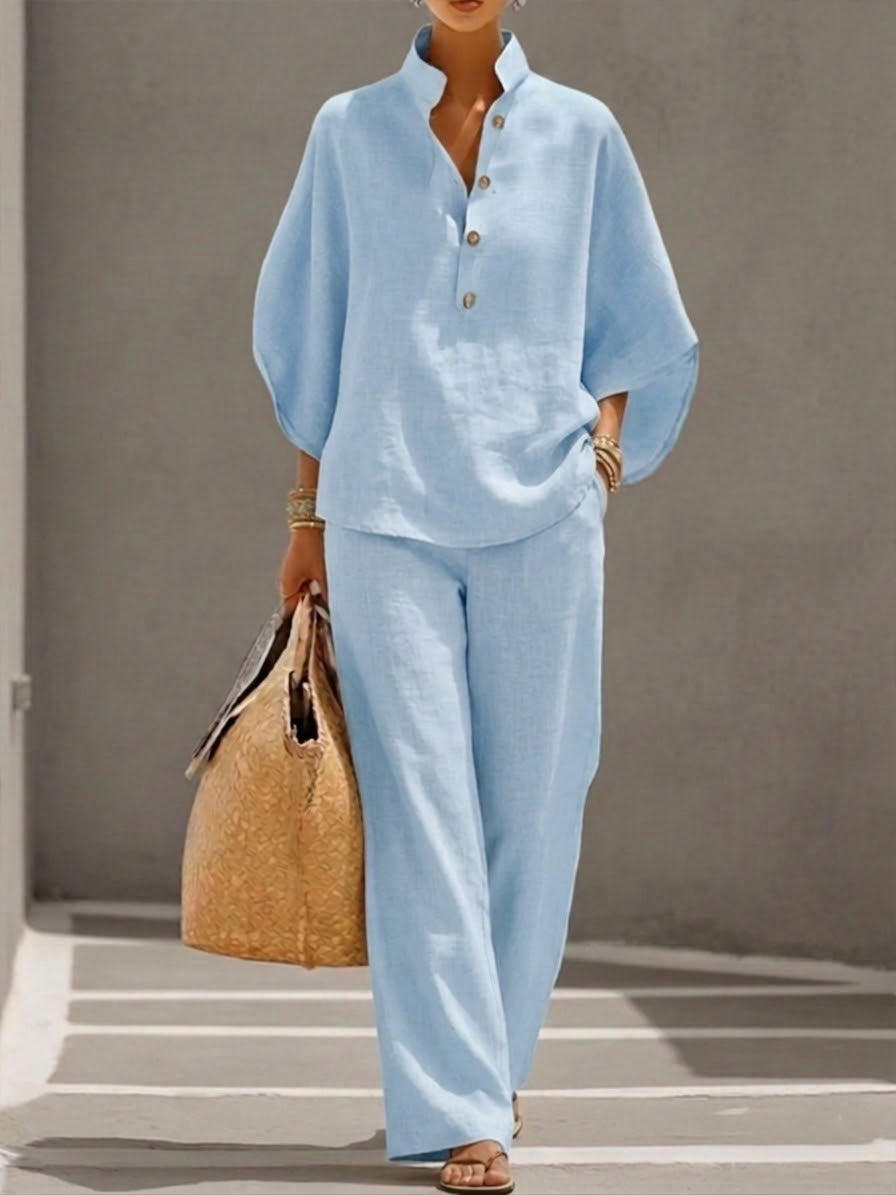 Kinsley™ Conjunto de Algodón y Lino con Mangas Murciélago y Pantalón Ancho