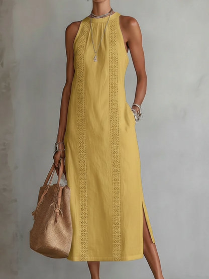 Sovelle™ Vestido Midi de Lino con Cuello Mao y Estilo Natural