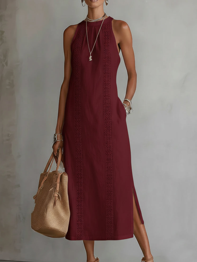 Sovelle™ Vestido Midi de Lino con Cuello Mao y Estilo Natural