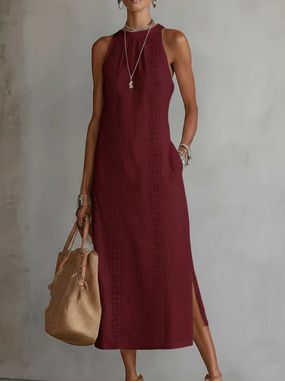 Sovelle™ Vestido Midi de Lino con Cuello Mao y Estilo Natural
