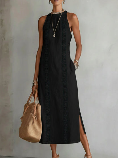 Sovelle™ Vestido Midi de Lino con Cuello Mao y Estilo Natural