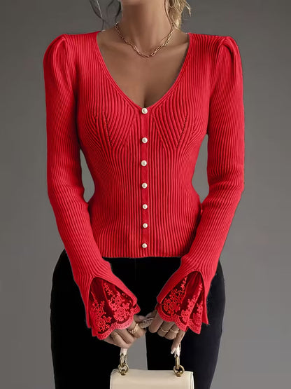 Eviorenne™ Blusa de Canalé con Escote en V y Mangas de Encaje