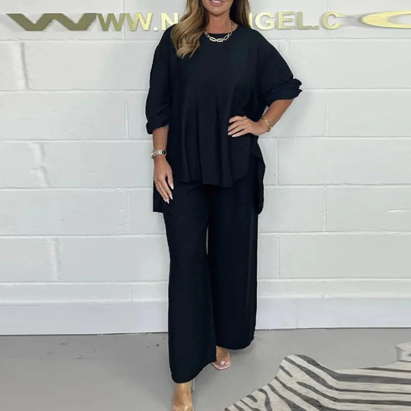 Nova™ Conjunto de Blusa de Manga Larga y Pantalón de Pierna Ancha para Mujeres