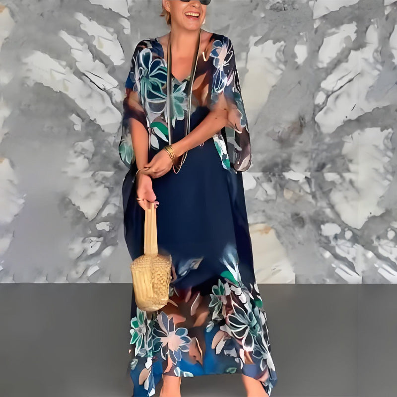 Ione™ Elegante vestido largo de chiffon con estampado y escote en V