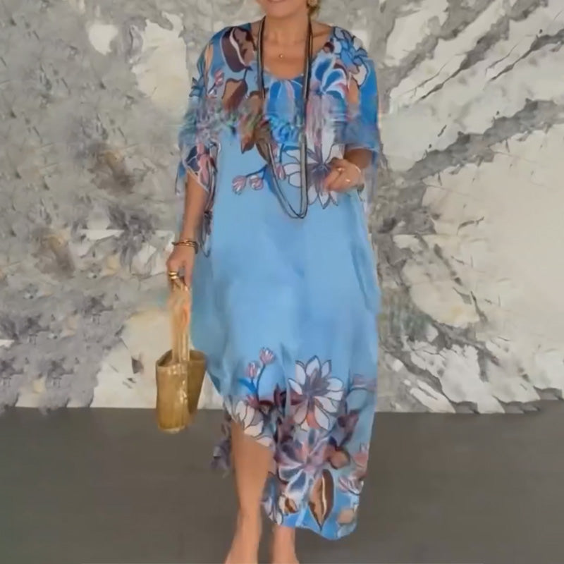 Ione™ Elegante vestido largo de chiffon con estampado y escote en V